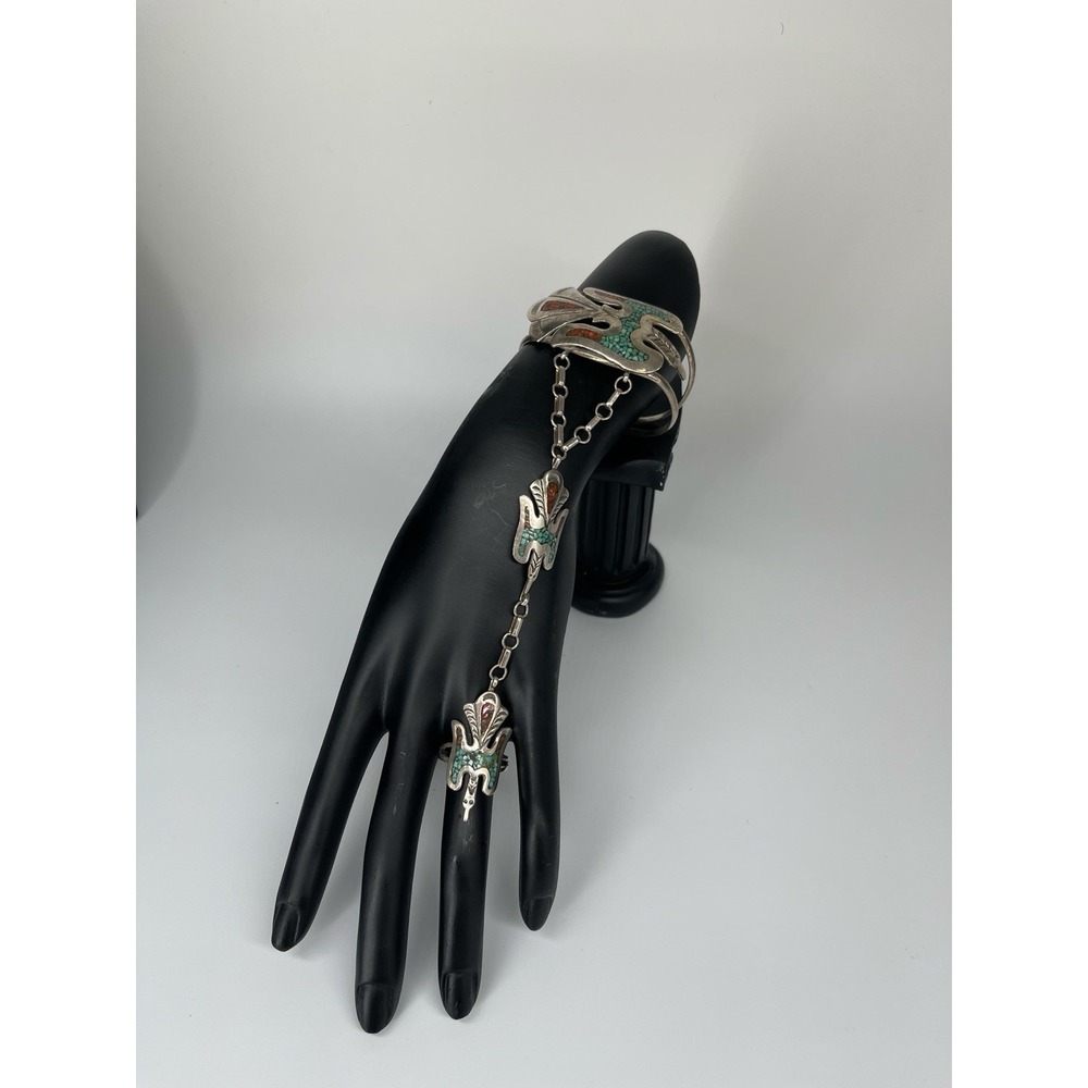 Rare Vintage‎ Native American Sterling Turquoise Coral Slave Bracelet Ring